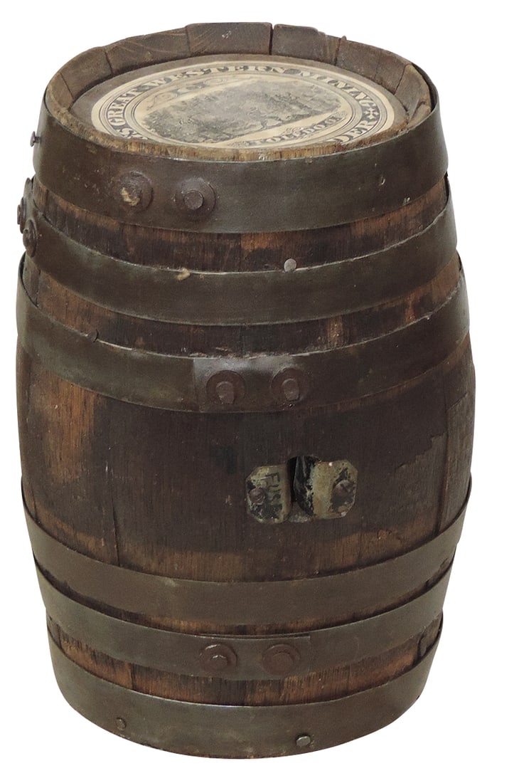 Gunpowder Keg, King's Great Western Mining Powder-Toledo, OH, 25 lb wooden keg w/metal hoops, center: Gunpowder Keg, King's Great Western Mining Powder-Toledo, OH, 25 lb wooden keg w/metal hoops, center "fuse" slot & top/bottom paper labels, VG+ cond w/Exc labels & normal wear, 11.25"H.