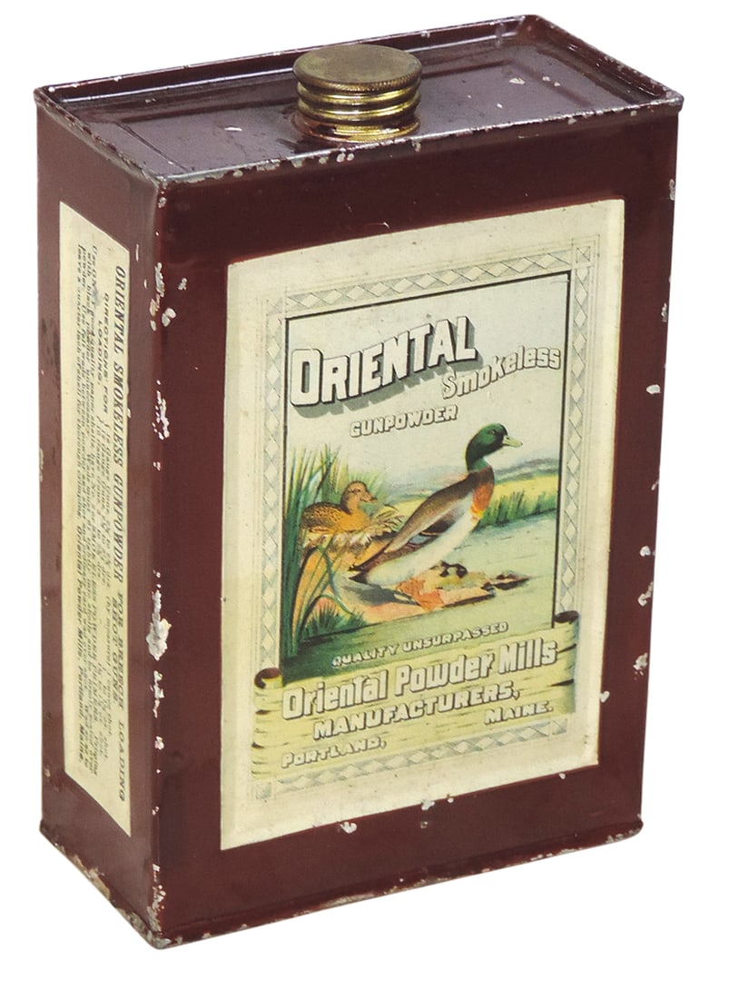 Gunpowder Can, Oriental Smokeless, Extremely Rare, mfgd by Oriental Powder Mills Mfg-Portland, ME, 1: Gunpowder Can, Oriental Smokeless, Extremely Rare, mfgd by Oriental Powder Mills Mfg-Portland, ME, 1 lb tin w/paper labels on all sides, c.1890s-1904, Exc cond w/few paint chips, 5.5"H.