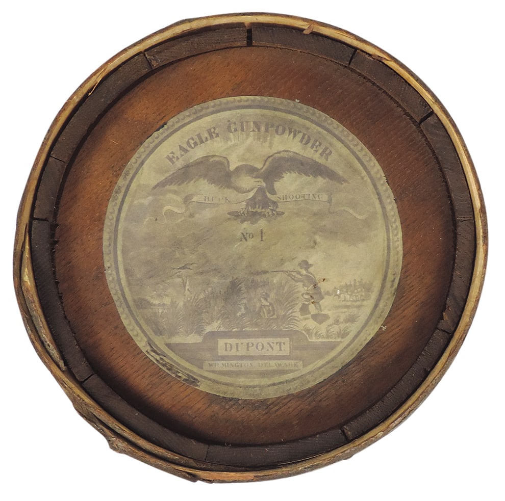 Gunpowder Keg, Eagle, mfgd by DuPont-Wilmington, DE, wood barrel w/top paper label & side bunghole,: Gunpowder Keg, Eagle, mfgd by DuPont-Wilmington, DE, wood barrel w/top paper label & side bunghole, c. late 1800s/early 1900s, VG+ cond, 10.25"H.