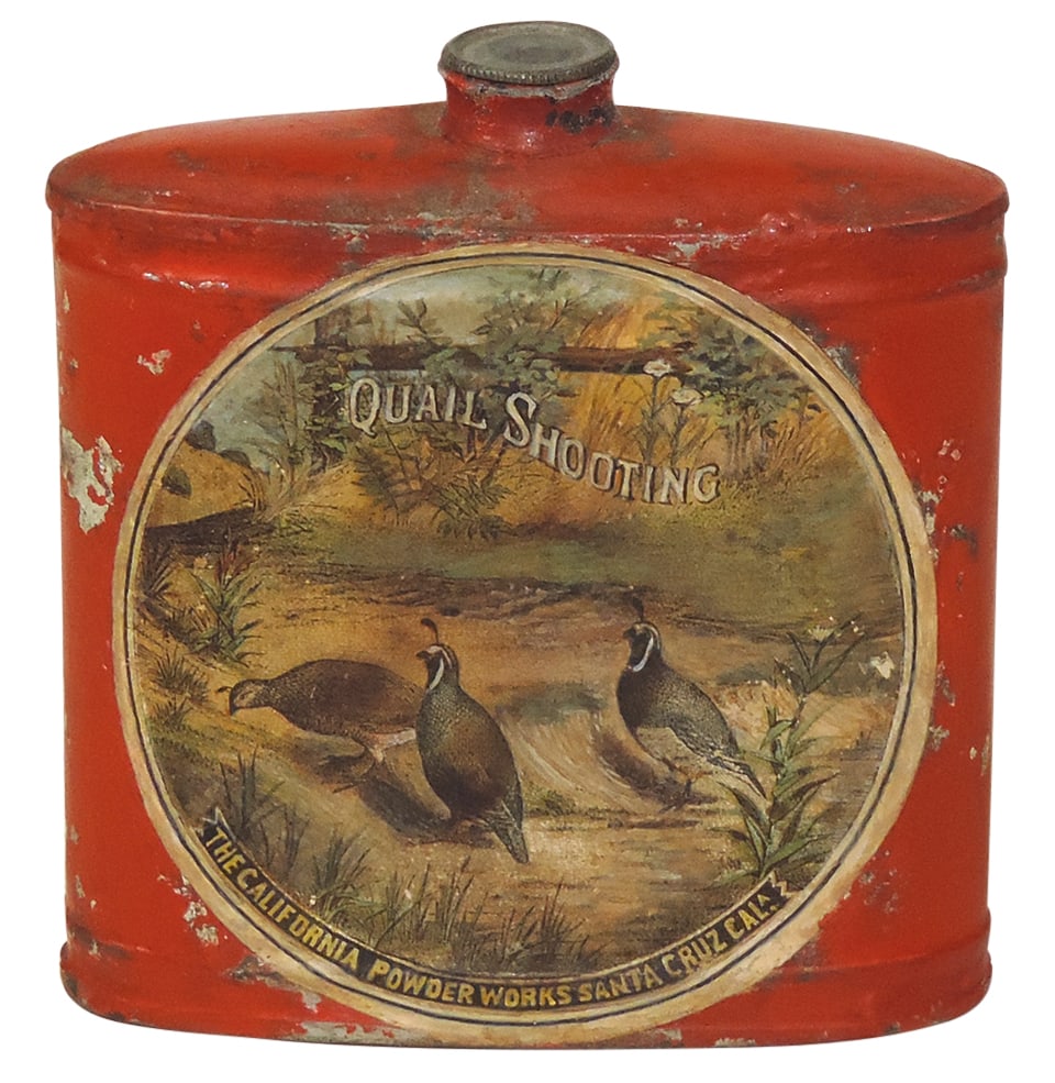 Gunpowder Can, Quail Shooting, Very Rare, mfgd by The California Powder Works-Santa Cruz, 1/2 lb tin: Gunpowder Can, Quail Shooting, Very Rare, mfgd by The California Powder Works-Santa Cruz, 1/2 lb tin w/paper labels front & back, c.1870-1880, 4"H.