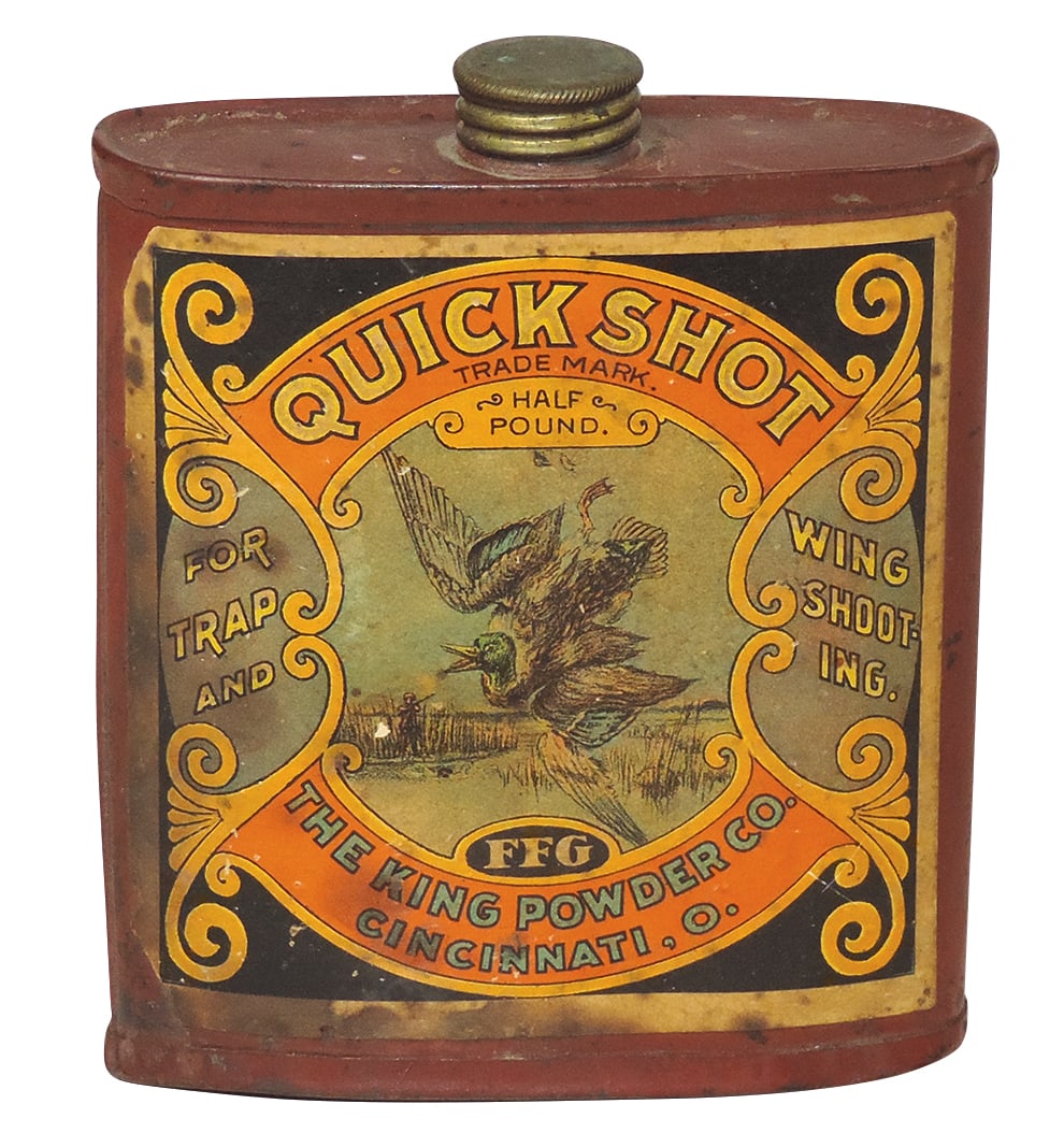 Gunpowder Can, Quick Shot, Extremely Rare, mfgd by The King Powder Co.-Cincinnati, O, 1/2 lb tin: Gunpowder Can, Quick Shot, Extremely Rare, mfgd by The King Powder Co.-Cincinnati, O, 1/2 lb tin w/paper label, c.1890, Exc cond w/average wear, 4.5"H.