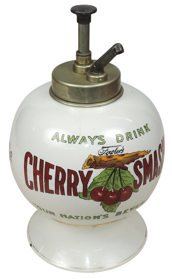 Soda Fountain Syrup Dispenser, Fowler's Cherry Smash, decorated porcelain for Fowlers-Richmond, VA,: Soda Fountain Syrup Dispenser, Fowler's Cherry Smash, decorated porcelain for Fowlers-Richmond, VA, w/orig pump w/Cherry Smash plunger button, c.1910, VG+/Exc cond noting approx 1/4" glaze chip on bas