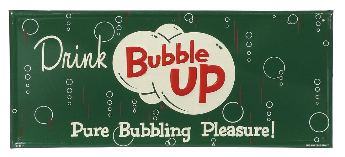 Soda Fountain Sign, Bubble Up, "Pure Bubbling Pleasure", mfgd by Press Sign Co., litho on embossed: Soda Fountain Sign, Bubble Up, "Pure Bubbling Pleasure", mfgd by Press Sign Co., litho on embossed self-framed tin, Exc+ cond w/minor storage wear & likely unused, 12"H x 28"W.