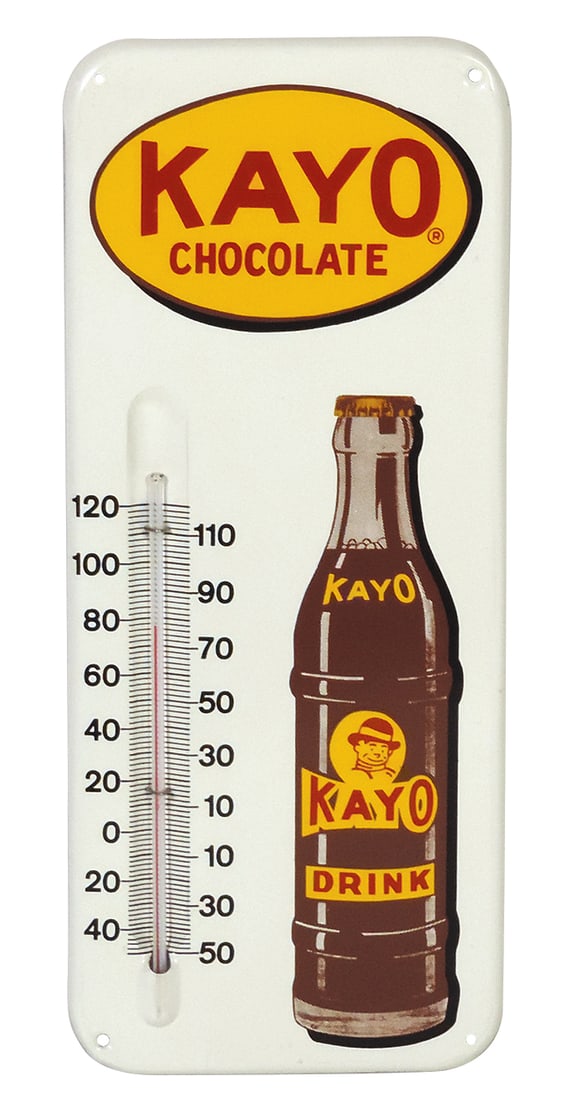 Soda Fountain Thermometer, Kayo Chocolate Drink, litho on tin w/rolled edge, Mint working cond,: Soda Fountain Thermometer, Kayo Chocolate Drink, litho on tin w/rolled edge, Mint working cond, 13.5"H x 6"W.