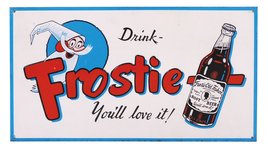 Soda Fountain Sign, Frostie Root Beer, litho on embossed tin, 1970's-80's, Exc cond, 9.5"H x: Soda Fountain Sign, Frostie Root Beer, litho on embossed tin, 1970's-80's, Exc cond, 9.5"H x 17.25"W.