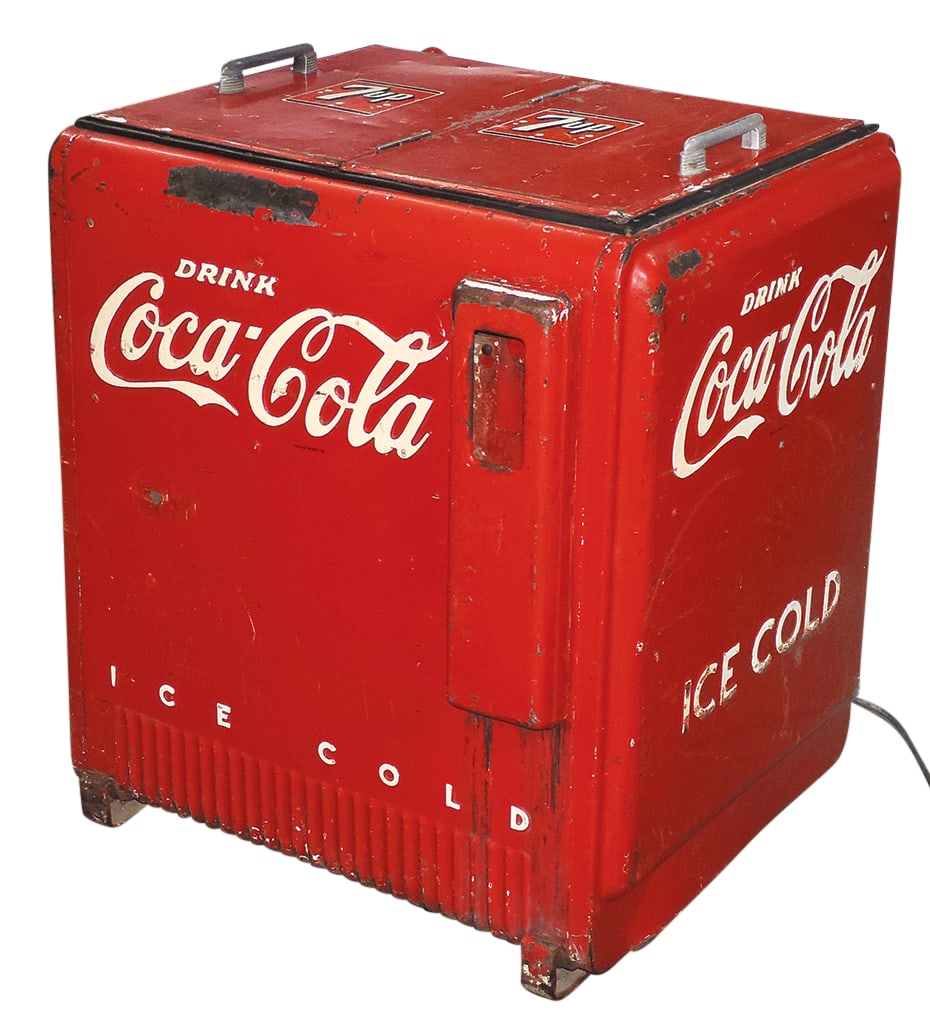Coca-Cola Cooler, Cavalier, electric, embossed steel w/two hinged top covers embossed underneath,: Coca-Cola Cooler, Cavalier, electric, embossed steel w/two hinged top covers embossed underneath, c.1940's, Good+ orig cond, currently not working, 36"H x 31"W x 27"D.