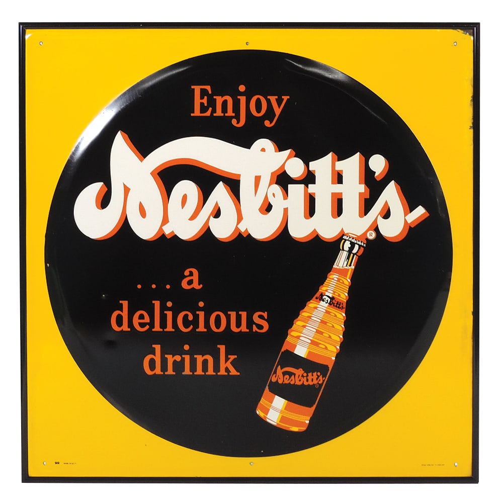 Soda Fountain Sign, Nesbitt's, mfgd by Stout Sign Co., litho on embossed self-framed tin w/large: Soda Fountain Sign, Nesbitt's, mfgd by Stout Sign Co., litho on embossed self-framed tin w/large product graphic, Exc+ cond & likely NOS w/some storage dings & small loss at 1 corner, framed together 