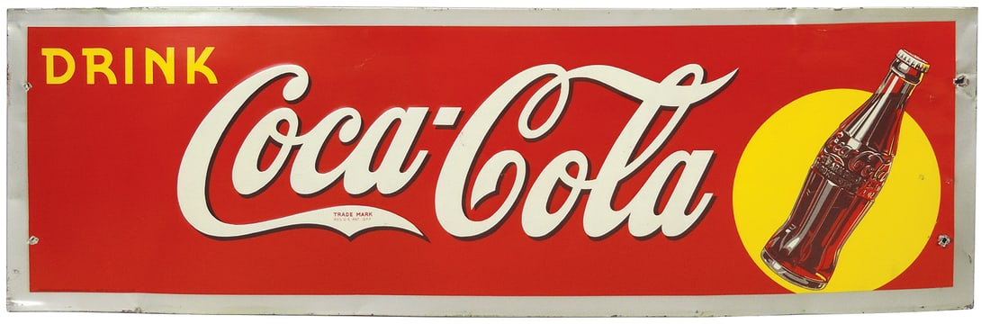Coca-Cola Sign, embossed litho on tin w/folded edge, marked Robertson 1935, Good+ cond w/later mount: Coca-Cola Sign, embossed litho on tin w/folded edge, marked Robertson 1935, Good+ cond w/later mount holes & dents, 11.25"H x 35"L.