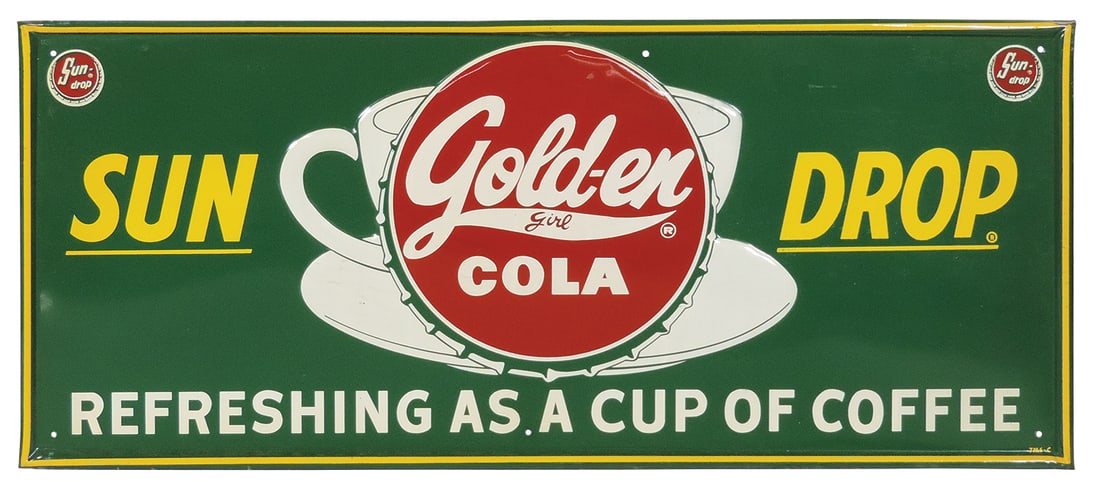 Soda Fountain Sign, Sun Drop Golden Cola, marked 7M6-C, litho on embossed tin, Exc+ cond,: Soda Fountain Sign, Sun Drop Golden Cola, marked 7M6-C, litho on embossed tin, Exc+ cond, 11.75"H x 27.75"W.