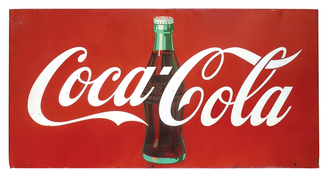 Coca-Cola Sign w/trademark script & large bottle graphic, wood framed back, each side panel printed: Coca-Cola Sign w/trademark script & large bottle graphic, wood framed back, each side panel printed T.M. Bottle Bulletin w/dimensions, VG cond w/normal weathering, 32"H x 67.5"W.