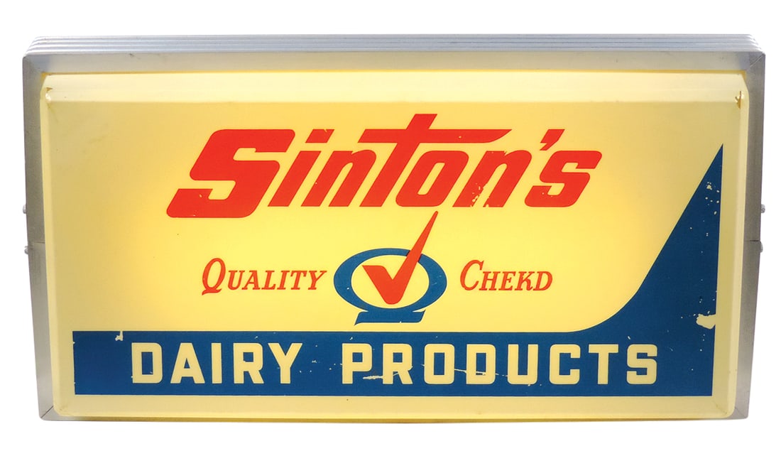 Soda Fountain Sign, Sinton's Dairy Products, mfgd by Dualite, plastic lightup in VG working cond: Soda Fountain Sign, Sinton's Dairy Products, mfgd by Dualite, plastic lightup in VG working cond w/corner cracks, 10"H x 19"W.