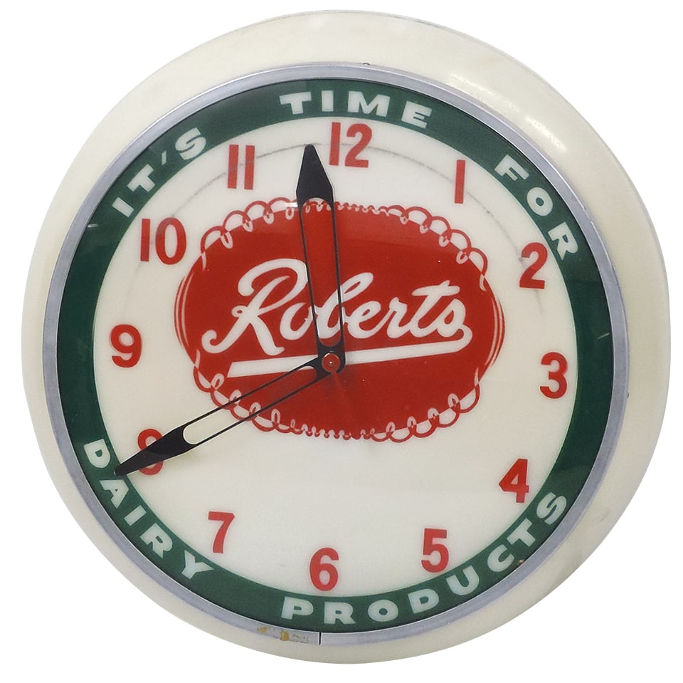 Soda Fountain Clock, Robert's Dairy Products, mfgd by Dualite, plastic lighted dial w/convex glass: Soda Fountain Clock, Robert's Dairy Products, mfgd by Dualite, plastic lighted dial w/convex glass cover, 3 very faint hairlines on dial, o/wise VG+ cond, 17"Dia.