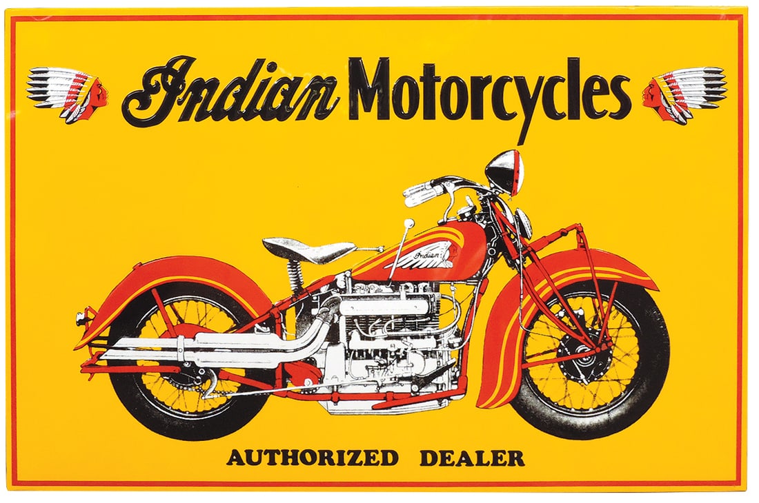 Motorcycle Sign, Indian, contemporary w/large motorcycle graphic & Indian Head trademark, embossed: Motorcycle Sign, Indian, contemporary w/large motorcycle graphic & Indian Head trademark, embossed tin-backed frame, Exc cond, 38.5"H x 58.5"L.