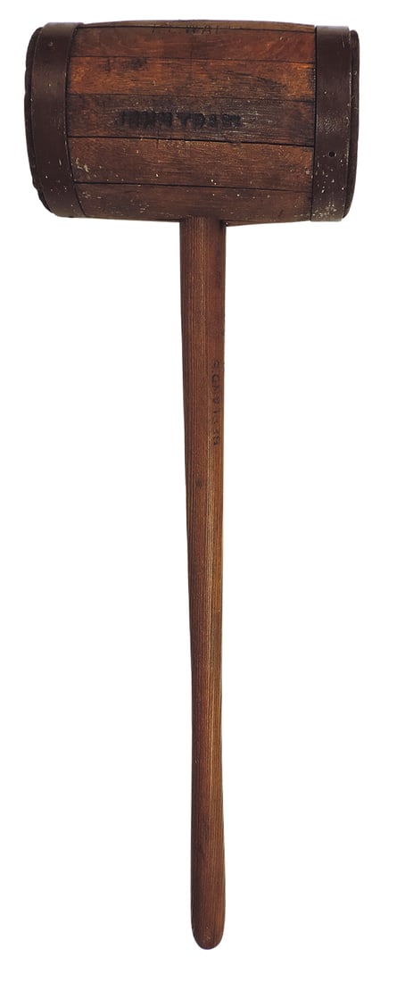 Arcade or Circus Strongman's Mallet, turned wood w/iron bands, stamped "Hi Wallin", VG cond, 33"L.: Arcade or Circus Strongman's Mallet, turned wood w/iron bands, stamped "Hi Wallin", VG cond, 33"L.