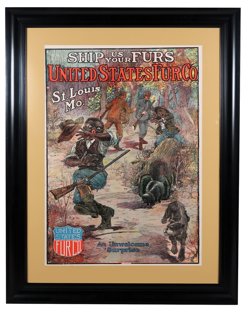 Black Americana Hunting Poster, United States Fur Co.-St. Louis, "An Unwelcome Surprise", litho on: Black Americana Hunting Poster, United States Fur Co.-St. Louis, "An Unwelcome Surprise", litho on paper w/wonderful hunting graphics, nicely matted & framed, Exc color & cond, 27"H x 21"W.