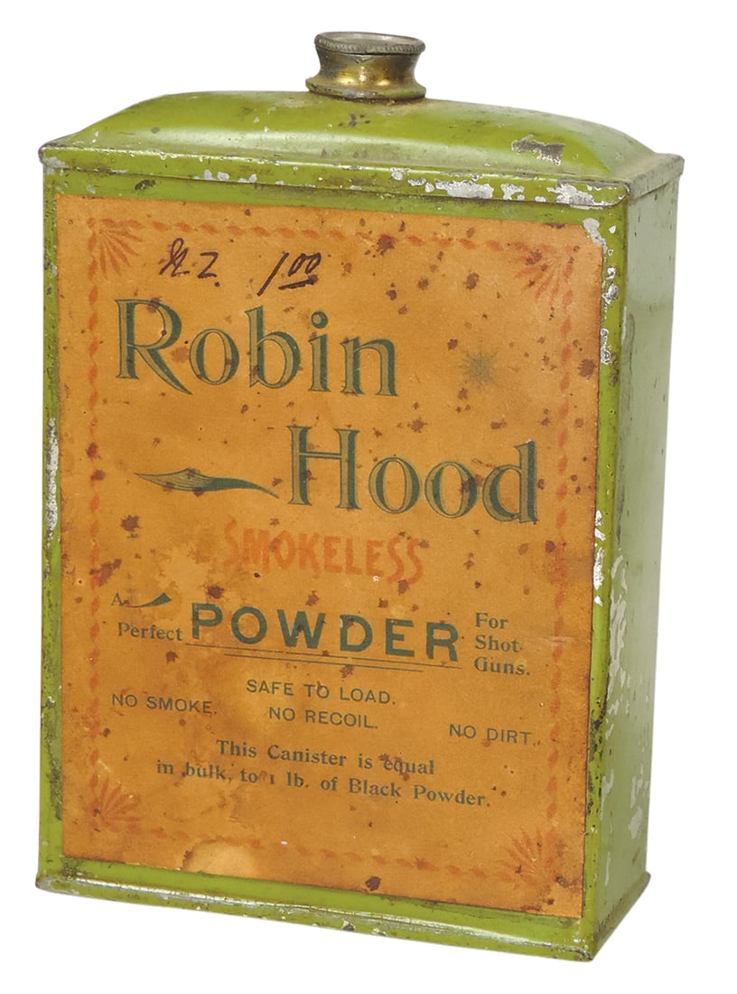 Gunpowder Can, Robin Hood Smokeless, mfgd by Robin Hood (not shown on can), 1 lb tin w/front paper: Gunpowder Can, Robin Hood Smokeless, mfgd by Robin Hood (not shown on can), 1 lb tin w/front paper label, VG+ cond w/normal wear, 5.75"H.
