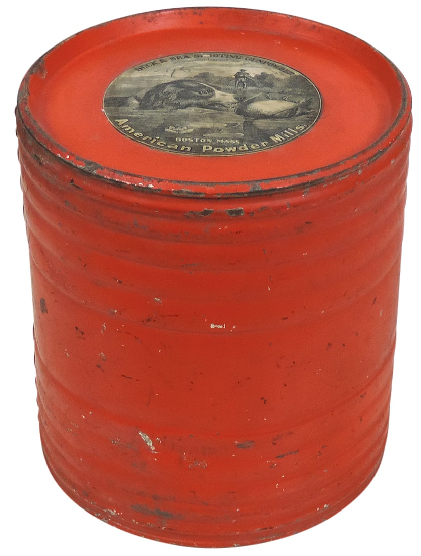 Gunpowder Keg, Duck & Sea Shooting, mfgd by American Powder Mills-Boston MA, 6.25 lb tin w/top &: Gunpowder Keg, Duck & Sea Shooting, mfgd by American Powder Mills-Boston MA, 6.25 lb tin w/top & bottom paper labels, c.1890, VG+ cond, 7"H.