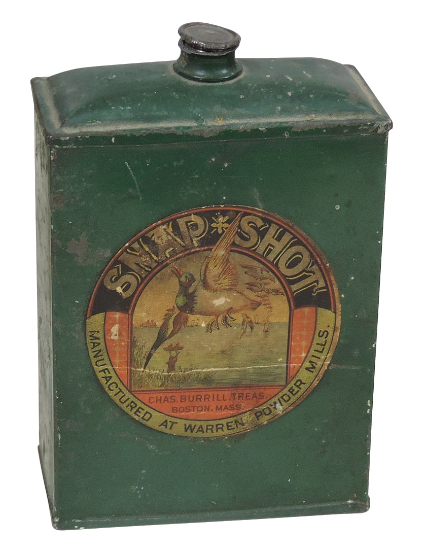 Gunpowder Can, Snap Shot, mfgd at Warren Powder Mills, 1 lb tin w/paper label front & (partial): Gunpowder Can, Snap Shot, mfgd at Warren Powder Mills, 1 lb tin w/paper label front & (partial) back, c.1873-1887, VG+ cond, 5.5"H.