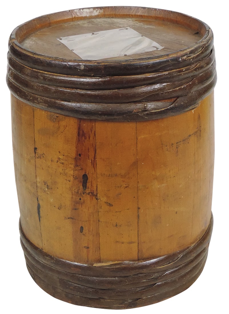 Gunpowder Keg, Ducking, mfgd by Oriental Powder Mills-Boston, MA, wood barrel w/top & bottom paper: Gunpowder Keg, Ducking, mfgd by Oriental Powder Mills-Boston, MA, wood barrel w/top & bottom paper labels (protected by cellophane pcs-bottom diff to read), c.1872-1890, Exc cond, 13"H.