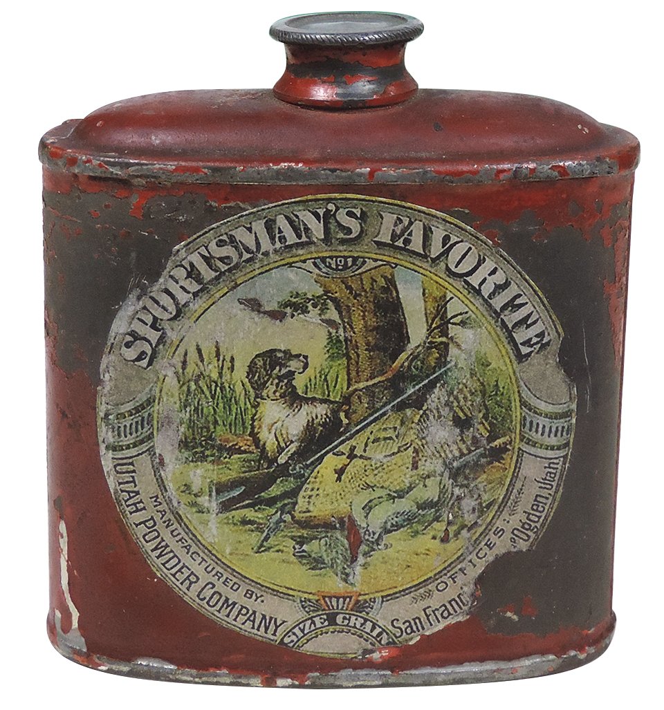 Gunpowder Can, Sportsman's Favorite, Extremely Rare, mfgd by Utah Powder Co.-San Francisco, 1/4 lb: Gunpowder Can, Sportsman's Favorite, Extremely Rare, mfgd by Utah Powder Co.-San Francisco, 1/4 lb w/paper label, c.1900, VG cond w/some paint loss, 3"H.