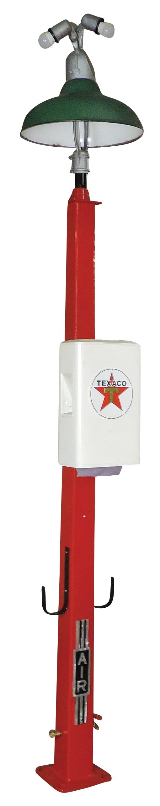 Petroliana Gas Station Pump Island Light, iron pole w/green/white porcelain domed shade, Texaco: Petroliana Gas Station Pump Island Light, iron pole w/green/white porcelain domed shade, Texaco branded towel dispenser, air & water outlets at base w/hose hangers, Exc working cond, shade w/some edge