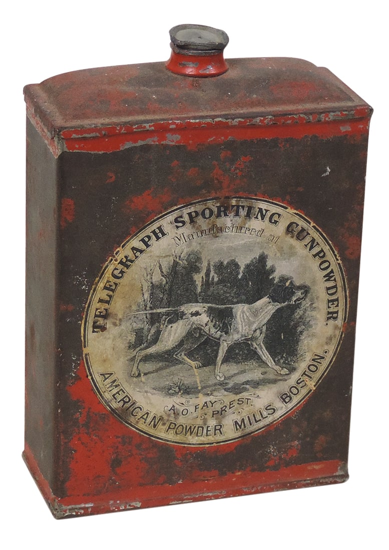 Gunpowder Can, Telegraph Sporting, mfgd by American Powder Mills-Boston, MA, 1 lb tin w/front & back: Gunpowder Can, Telegraph Sporting, mfgd by American Powder Mills-Boston, MA, 1 lb tin w/front & back paper labels, c.1900, VG cond w/normal wear, 5.75"H.