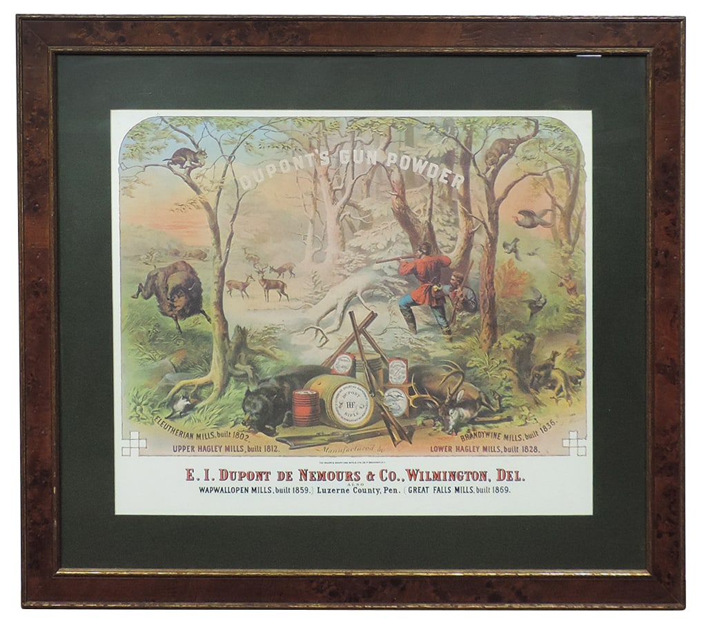 Firearms Print, DuPont Gun Powder reprint litho on paper after the orig by Major & Knapp, Exc cond,: Firearms Print, DuPont Gun Powder reprint litho on paper after the orig by Major & Knapp, Exc cond, framed & matted, 27"H x 30"W.