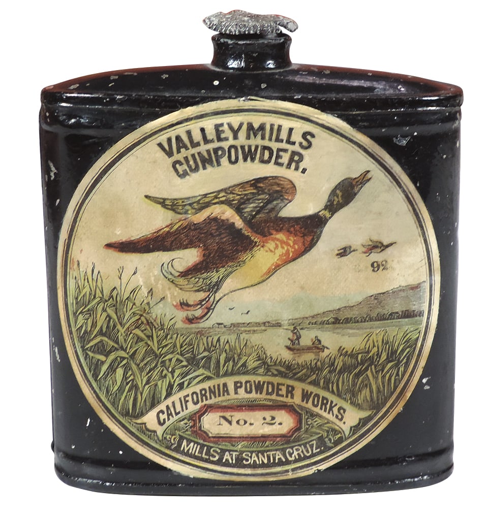 Gunpowder Can, Valley Mills Gunpowder, mfgd by California Powder Works, 1/2 lb tin w/paper label,: Gunpowder Can, Valley Mills Gunpowder, mfgd by California Powder Works, 1/2 lb tin w/paper label, c.1870, VG cond w/Exc paper label, 4.75"H.