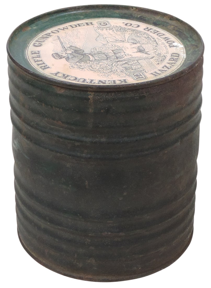 Gunpowder Keg, Kentucky Rifle, mfgd by Hazard Powder Co.-Hazardville, CT, 6.25 lb tin w/top paper: Gunpowder Keg, Kentucky Rifle, mfgd by Hazard Powder Co.-Hazardville, CT, 6.25 lb tin w/top paper label, c.mid-late 1800s, VG+ cond w/normal wear, 8.5"H.