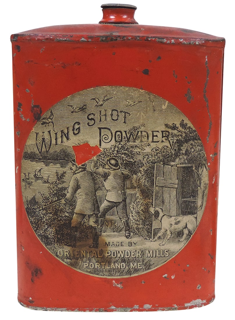 Gunpowder Can, Wing Shot, mfgd by Oriental Powder Mills, Portland, ME, 1 lb tin w/paper labels front: Gunpowder Can, Wing Shot, mfgd by Oriental Powder Mills, Portland, ME, 1 lb tin w/paper labels front & back, c.1872-1890, VG cond w/average wear, 5.75"H.