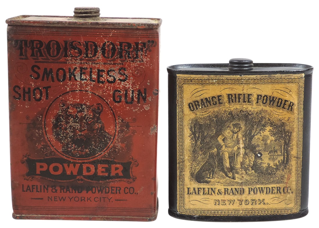 Gunpowder Cans (2), Orange Rifle Powder, mfgd by Laflin & Rand Powder Co.-New York, 1/2 lb tin: Gunpowder Cans (2), Orange Rifle Powder, mfgd by Laflin & Rand Powder Co.-New York, 1/2 lb tin w/front paper label, c.1890, Exc cond, 4.25"H & Troisdorf Smokeless Shot Gun Powder, mfgd by Laflin & Ran