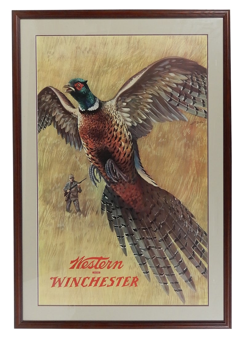 Firearms Poster, Winchester/Western Hunting, litho on paper, c.1960s, Exc cond w/later mat in frame,: Firearms Poster, Winchester/Western Hunting, litho on paper, c.1960s, Exc cond w/later mat in frame, 47"H x 33"W.
