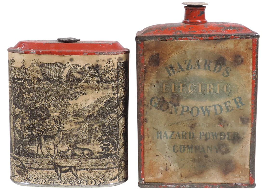 Gunpowder Cans (2), Percussion 1 lb tin w/wraparound paper label, c.1860, VG cond w/normal wear,: Gunpowder Cans (2), Percussion 1 lb tin w/wraparound paper label, c.1860, VG cond w/normal wear, 4.75"H & Hazard's Electric, mfgd by Hazard Powder Co.-Hazardville, CT, tin w/front & back paper labels,