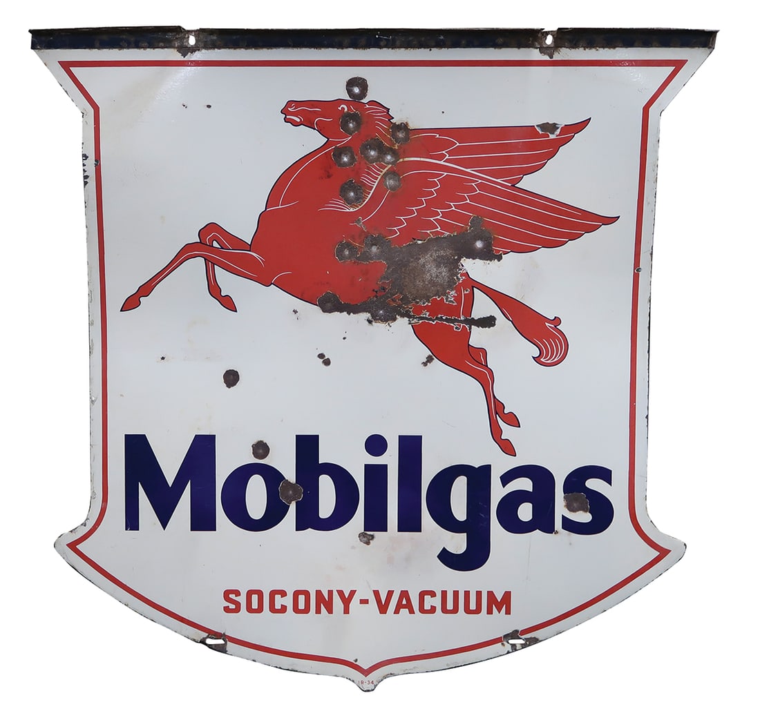 Petroliana Mobilgas Pegasus Sign, double-sided porcelain on diecut steel, c.1935 w/iron hanger,: Petroliana Mobilgas Pegasus Sign, double-sided porcelain on diecut steel, c.1935 w/iron hanger, Good+ cond w/scattered target hits on both sides, 54"H x 54"W.