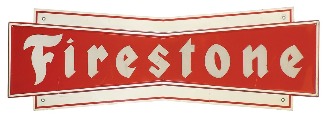 Automobilia Sign, Firestone, diecut embossed steel, bowtie shape, stamped MCA921, VG cond w/some: Automobilia Sign, Firestone, diecut embossed steel, bowtie shape, stamped MCA921, VG cond w/some scrapes, 24"H x 72"W.