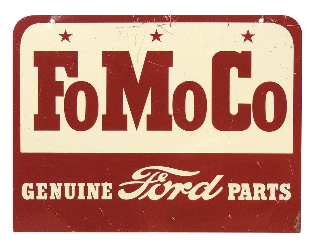 Automobilia Sign, Ford FoMoCo parts, painted tin, likely NOS w/shelf/storage wear, 13.5"H x 18"W.: Automobilia Sign, Ford FoMoCo parts, painted tin, likely NOS w/shelf/storage wear, 13.5"H x 18"W.