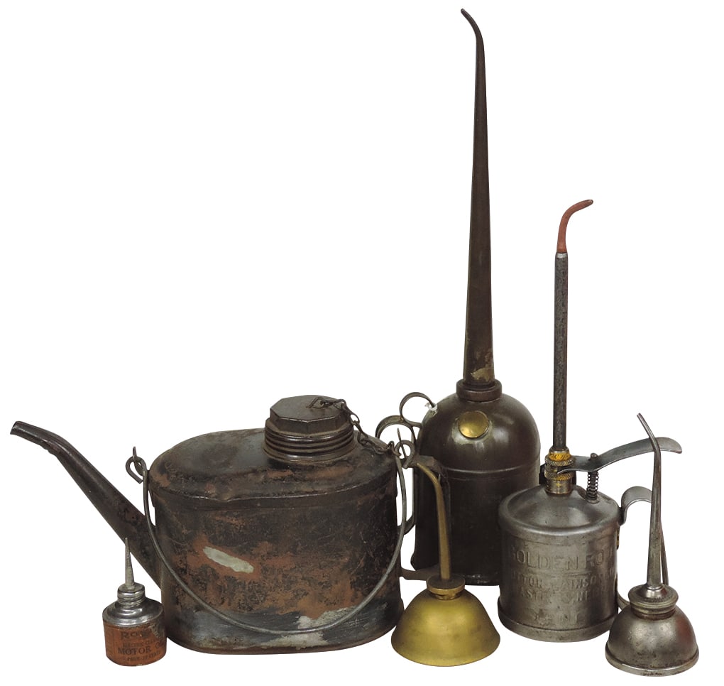 Automobilia Oil Cans (7), Vintage oval battery water, Golden Rod pumper & others, Good+ to VG+ cond,: Automobilia Oil Cans (7), Vintage oval battery water, Golden Rod pumper & others, Good+ to VG+ cond, largest 17.5"H.