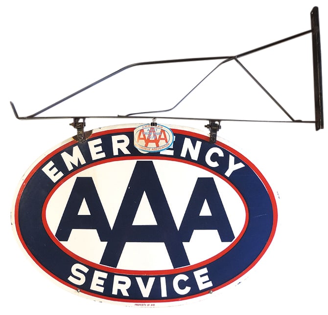 Automobilia Sign, AAA for Emergency Service, DSP oval in orig wrought-iron hanger, marked: Automobilia Sign, AAA for Emergency Service, DSP oval in orig wrought-iron hanger, marked "Property of AAA", VG+ cond w/a few losses-most at top, sign 24"H x 36"W.