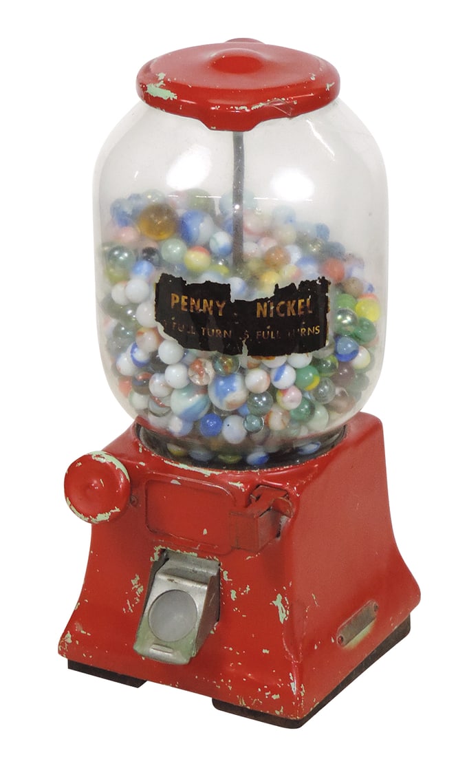Coin-Operated Vendor, Northwestern 31 "Merchandiser", 1 Cent, porcelain on iron w/later paint, half: Coin-Operated Vendor, Northwestern 31 "Merchandiser", 1 Cent, porcelain on iron w/later paint, half filled w/glass marbles, Good+ non working cond & w/out keys, 15"H.