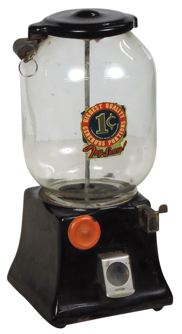 Coin-Operated Northwestern 31 "Merchandiser", 1 Cent, black porcelain iron base w/orange product: Coin-Operated Northwestern 31 "Merchandiser", 1 Cent, black porcelain iron base w/orange product advance, VG working cond w/smaller losses on base & knob, top cover barrel lock w/key, base lock key ab