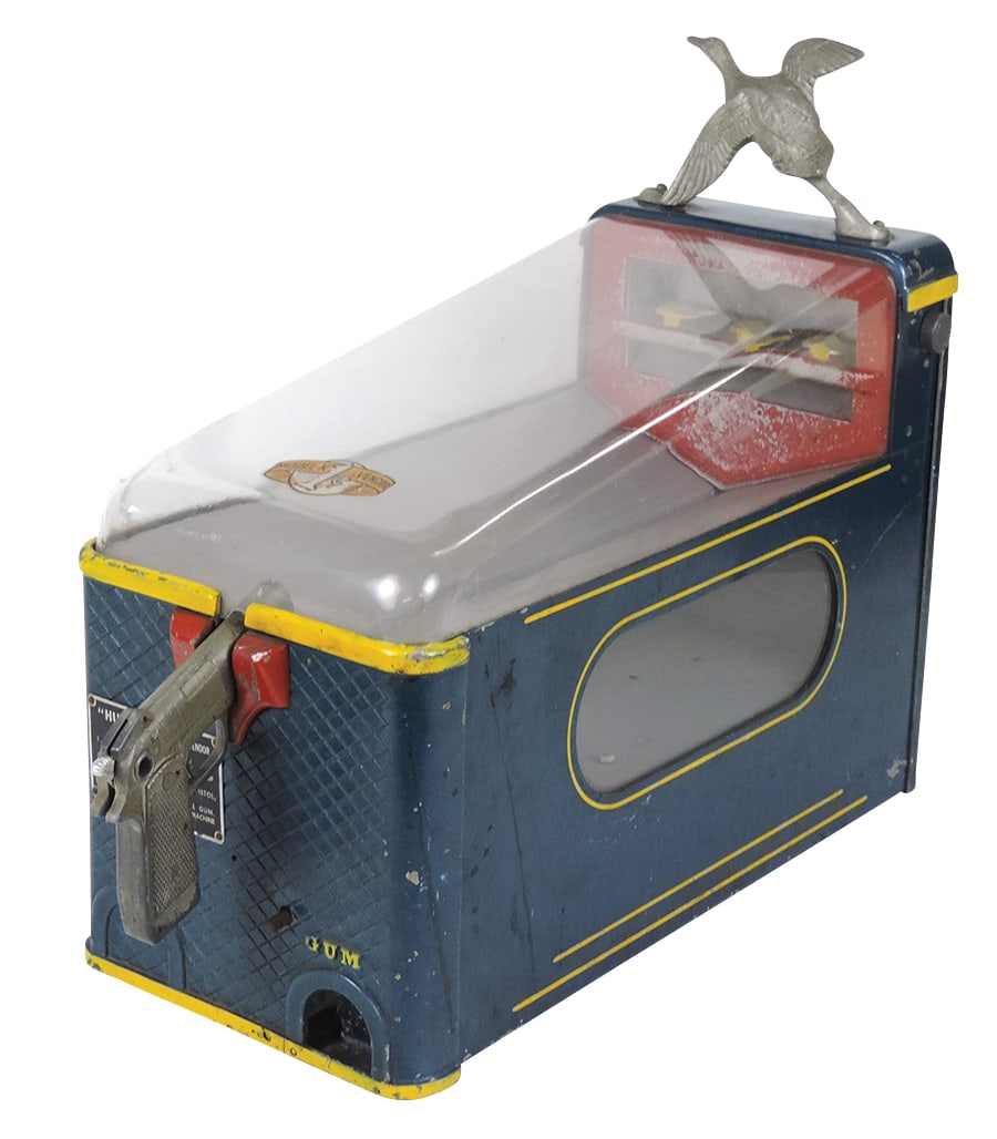 Coin-Operated Duck Hunter Ball Gum Vendor, Model K, mfgd by National Advanced Vending Co., 1 Cent,: Coin-Operated Duck Hunter Ball Gum Vendor, Model K, mfgd by National Advanced Vending Co., 1 Cent, diecast & pressed steel, Good+ cond w/finish wear, 18"H x 24"L.