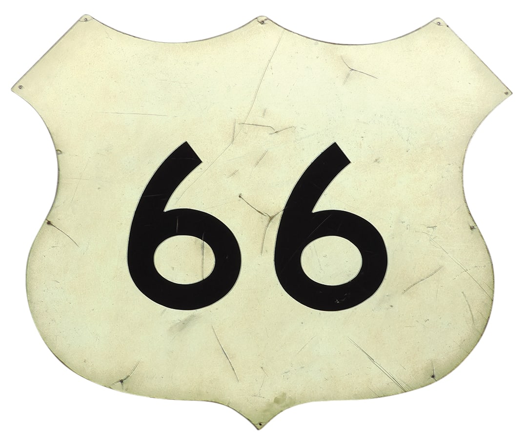 Automobilia Sign, Route 66, reflective surface on aluminum shield, VG cond, 30"H x 34"W.: Automobilia Sign, Route 66, reflective surface on aluminum shield, VG cond, 30"H x 34"W.