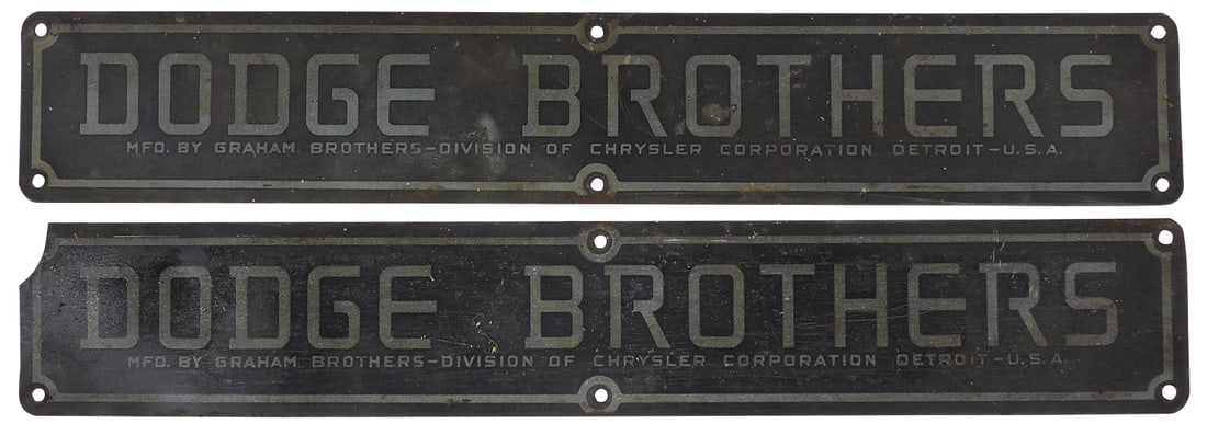 Automobilia Hood Plates (2), Dodge Brothers, etched steel, c.1920's, Good+ cond, 1 w/corner loss,: Automobilia Hood Plates (2), Dodge Brothers, etched steel, c.1920's, Good+ cond, 1 w/corner loss, 14.5"L.