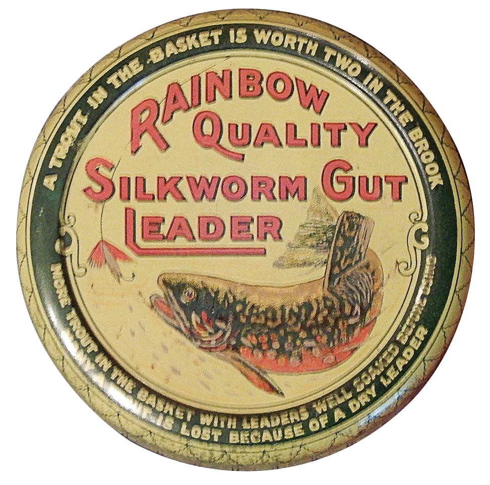 Fishing Theme Tin, Rainbow Quality Silkworm Gut Leader, used to snag trout, litho on tin: Fishing Theme Tin, Rainbow Quality Silkworm Gut Leader, used to snag trout, litho on tin w/outstanding graphics on both front & back, Exc cond on both front & back w/some discoloring on sides, 3.5"Dia