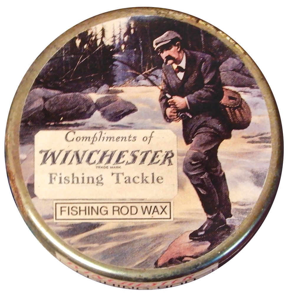Fishing Tin, Winchester Fishing Rod Wax, great graphic on paper label, Exc cond, 4"Dia.: Fishing Tin, Winchester Fishing Rod Wax, great graphic on paper label, Exc cond, 4"Dia.