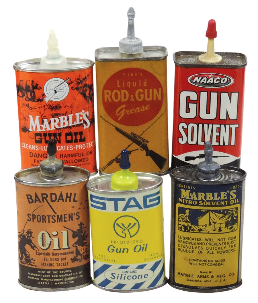 Gun Handy Oilers (6), litho on tin Stag, Bardahl, two Marble's & Naaco brands, Exc cond, largest: Gun Handy Oilers (6), litho on tin Stag, Bardahl, two Marble's & Naaco brands, Exc cond, largest 5.5"H.