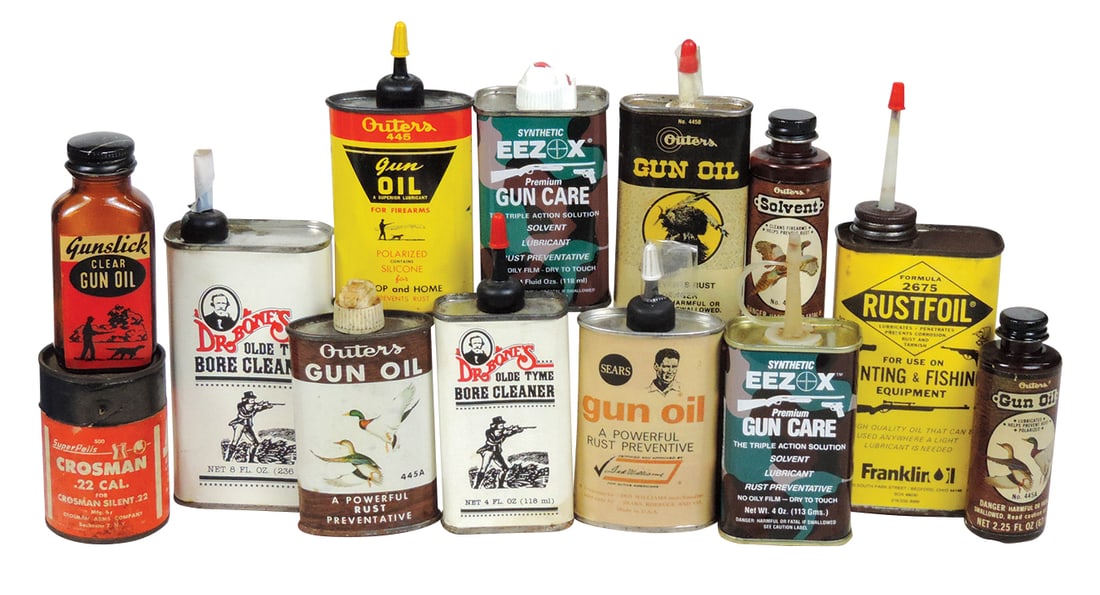 Gun Oil Cans (13), most litho on tin, Dr. Bones, Outers, Eez-X, Sears & Rustfoil, VG to Exc cond,: Gun Oil Cans (13), most litho on tin, Dr. Bones, Outers, Eez-X, Sears & Rustfoil, VG to Exc cond, largest 7.5"H.