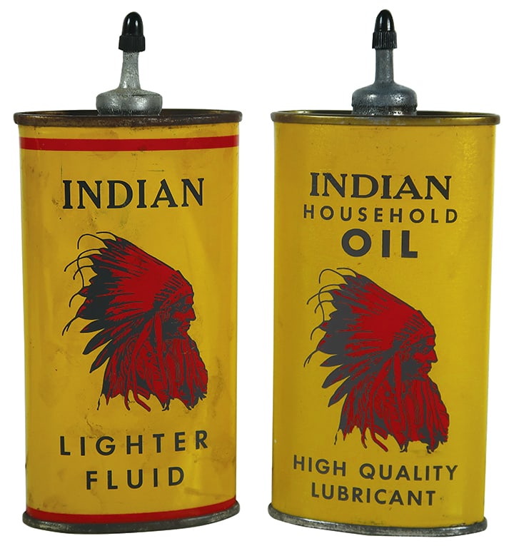 Handy Oilers (2), Indian Household Oil & Indian Lighter Fluid, 4.5 & 4 oz tins, both Exc cond,: Handy Oilers (2), Indian Household Oil & Indian Lighter Fluid, 4.5 & 4 oz tins, both Exc cond, 5.5"H.
