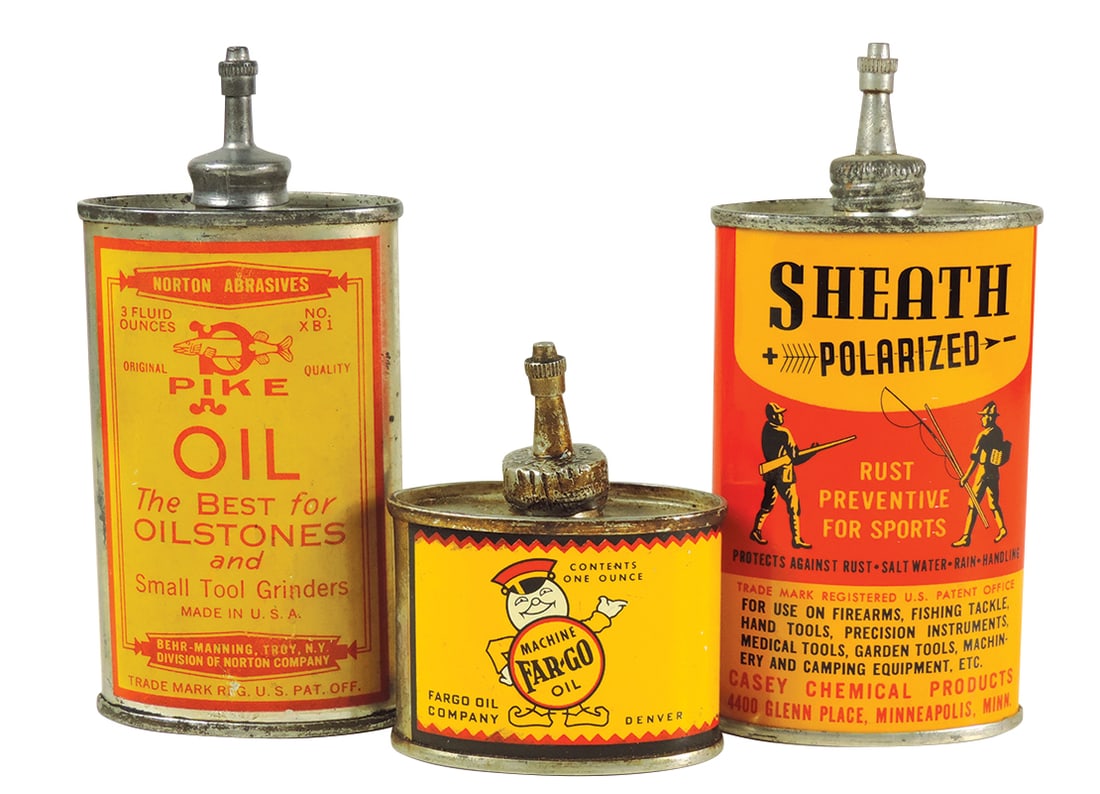 Handy Oilers (3), Pike Oil, Sheath Polarized & Rare 1 oz Fargo Oil Co. Machine Oil-Denver, all Exc: Handy Oilers (3), Pike Oil, Sheath Polarized & Rare 1 oz Fargo Oil Co. Machine Oil-Denver, all Exc cond, 2.75" to 4.75"H.