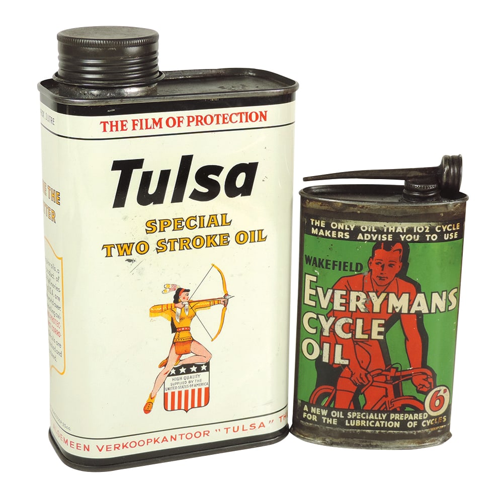 Petroliana Cycle Handy Oiler & Can, Wakefield Everymans Cycle Oil, "The only oil that 102 cycle: Petroliana Cycle Handy Oiler & Can, Wakefield Everymans Cycle Oil, "The only oil that 102 cycle makers advise you to use" w/many listed on back side, colorful man on cycle graphic w/unique pour spout,
